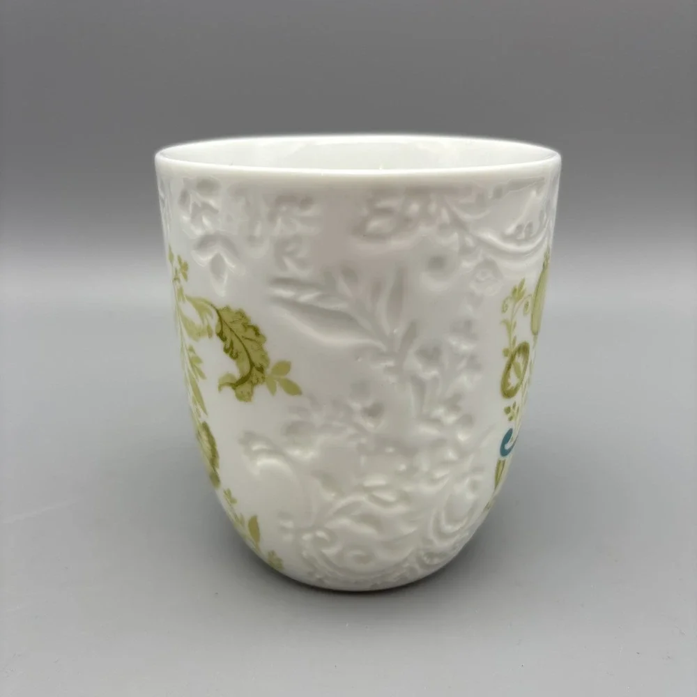 Pier 1 Imports Coffee Mug Ava Floral Initial M Cup Porcelain Blue Green Textured